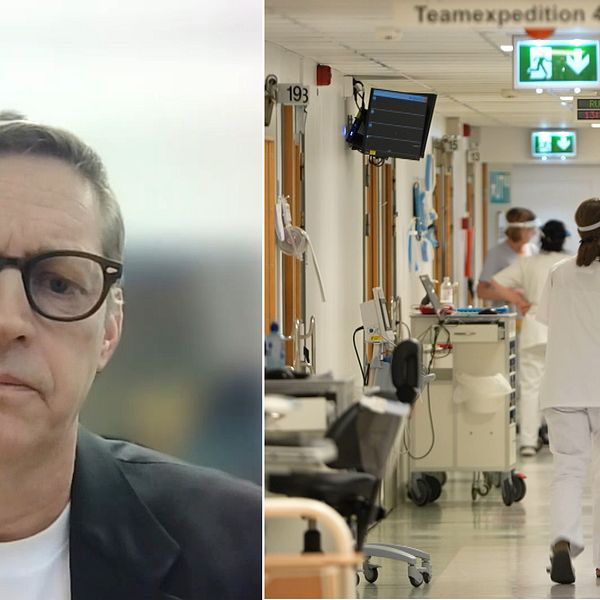 Chefläkare Patrik Söderberg till vänster i bild. Till höger en sjukhuskorridor med sjukhuspersonal iklädda visir.