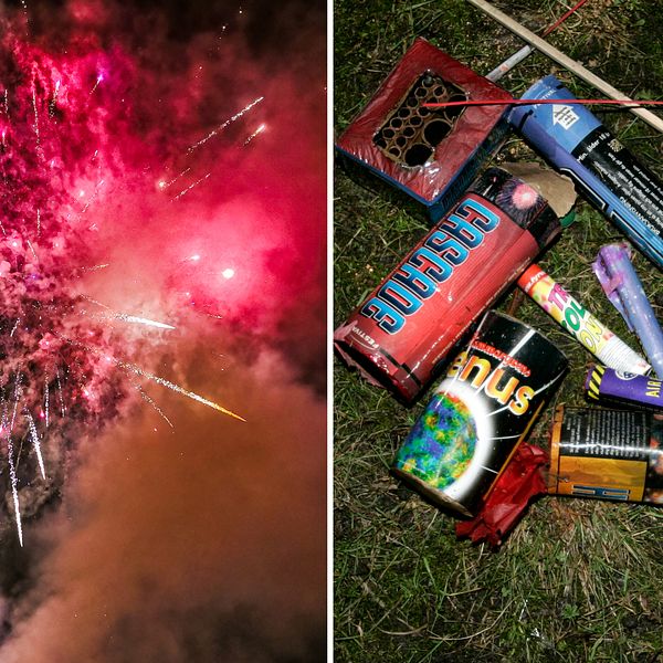 Montage: Till vänster en bild på en explosion av fyrverkerier i himlen i rosa, silver och lila färg i Sundsvall. Till höger: Rester av fyrverkerier i gröngräset dagen efter nyårsafton i Stockholm.