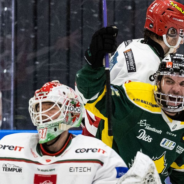 Östersunds Carls Skärström jublar efter Karl Johansson (ej i bild) gjort 5-3 under ishockeymatchen i Hockeyallsvenskan mellan Östersund och Modo den 29 december 2022 i Östersund.