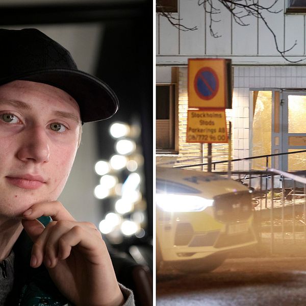 Två bilder. Till vänster rapartisten Einár som sköts till döds 2021. Till höger en bild på en lägenhetsport som fått skador efter en explosion.