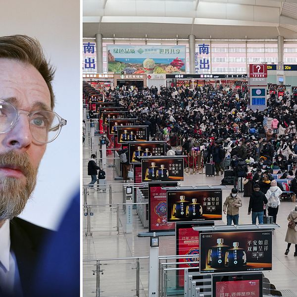 Socialminister Jakob Forssmed. T.h nyårsresenärer på en tågstation i Kina.