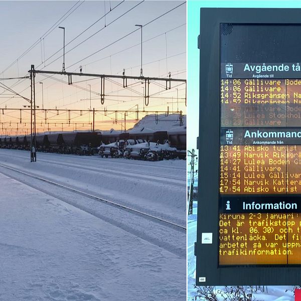 Kiruna tågstation, avgångsttavla med inställda tåg.