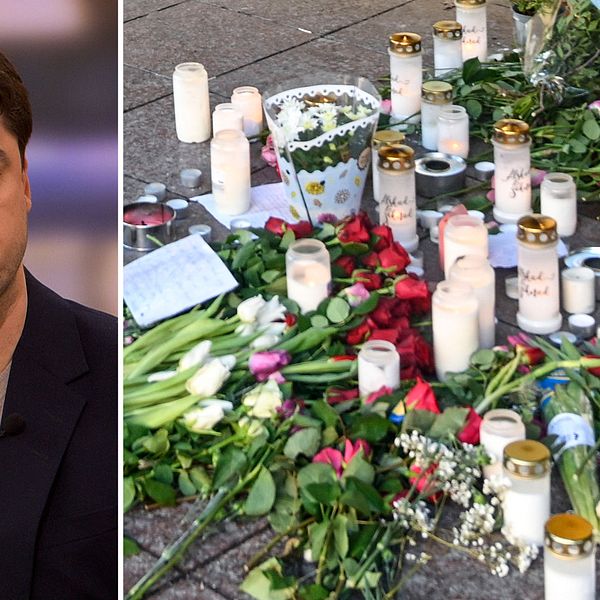 En bild på reporter Diamant Salihu i studion och en bild på blommor och ljus utplacerade på marken.