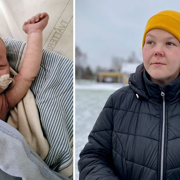 Bild på bebis med en sond i näsan och bebisens mamm Medina Toiviainen utomhus med gul mössa