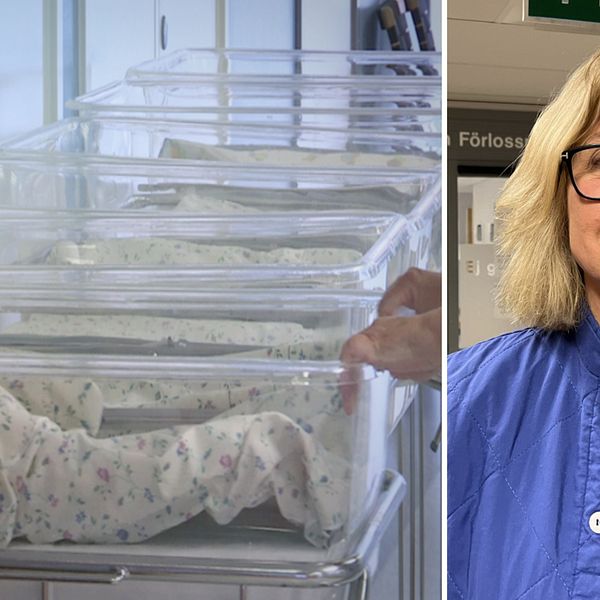 Vagnar för nyfödda, och en bild på Överläkaren Marie Vikström Bolin i blå sjukhuskläder och svarta glasögon
