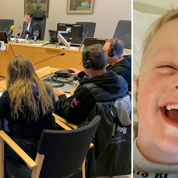 Presskonferens vid Värmlands tingsrätt där domen föll och en privat bild på John Walter som litet barn.