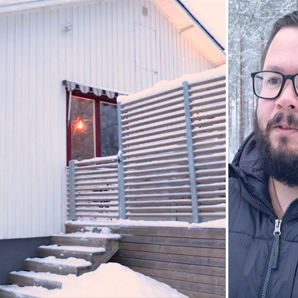 På bilden ser du en bild på huset som Jonas Pahikka-Aho och huset som hans familj köpte för 200 000 kronor i byn Storbäcken utanför Överkalix.