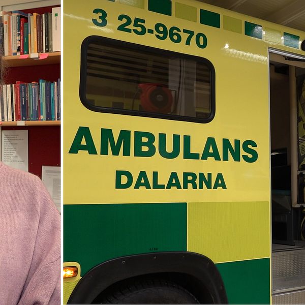 en kvinna med blåa ögon och ljusrosa tröja som är ambulanschef i Leksand, samt en ambulans til höger (bildsplitt.)