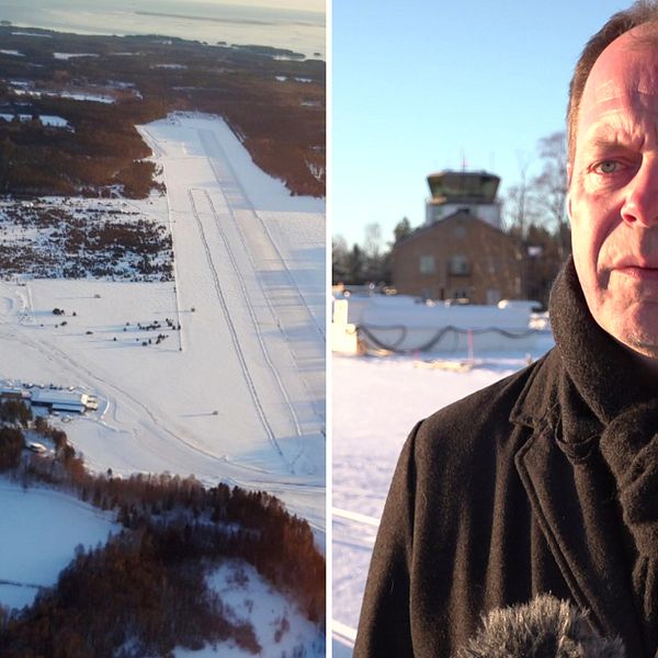 Vy över Söderhamns flygplats samt en infälld bild på John-Erik Jansson (C), kommunstyrelsens ordförande i Söderhamn