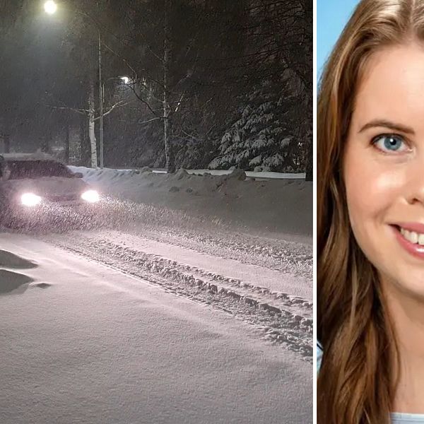 Delad bild. Den vänstra visar en bil som kör på en snötäckt väg i mörkret medan det snöar ymnigt. Den till höger visar ett porträtt av en leende kvinna med långt hår.