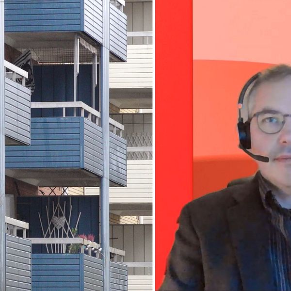 Delad bild med lägenhetsbalkonger och förhandlingsstragen Marcus Kjellin som sitter med ett headset och har intervjuats via dator.