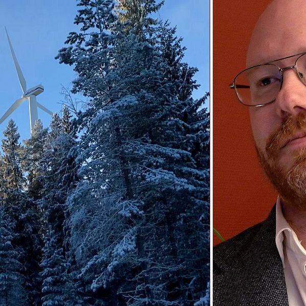 Kollage: Snötäckt tallskog med ett vindkraftverk som tornar upp sig i bakgrunden mot en klarblå himmel. Till höger en porträttbild på regionpolitikern Robert Thunfors från Sjukvårdspartiet i Västernorrland. Han har glasögon, kort hår och skägg.