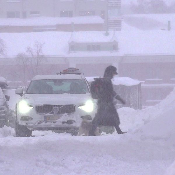 En snöig bilväg. En person går över vägen. Stora snöhögar längs vägen.