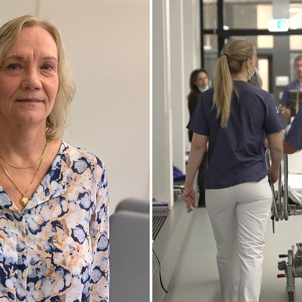 Till vänster en bild på en kvinna som heter Lena Lindh, på den bilden ligger grafik där det står ”3, 2, 1”. Till höger en bild på vårdpersonal som går i en korridor.