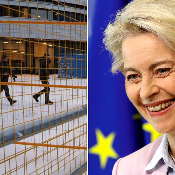 Till vänster: Bild på stängsel i förgrunden, med Kiruna stadshus i bakgrunden. Vakter passerar inför EU-toppmötet. Till höger: Bild på glad ordförande i EU-kommissionen, Ursula von der Leyen.