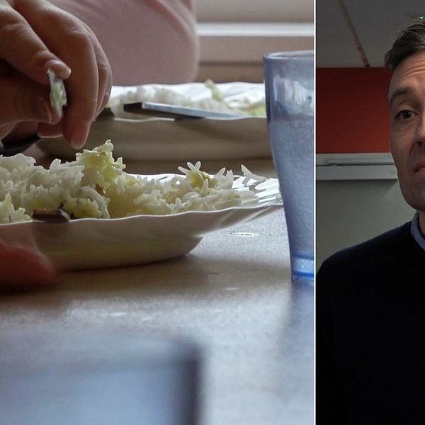 Tvådelad bild: till vänster en tallrik med mat som ett barn äter, till höger Fredrik Landelius, tf chef på barn- och ungdomsförvaltningen i Halmstads kommun.