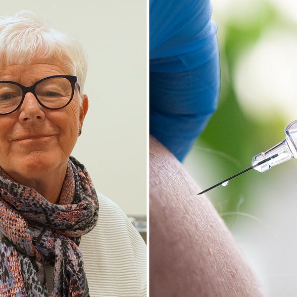 Bilden till vänster visar en vithårig kvinna i svarta glasögon som heter Eva Olausson. Hon deltar i forskning om vaccin mot urinvägsinfektion på Blekinge tekniska högskolan. Bilden till höger visar en vaccinspruta.