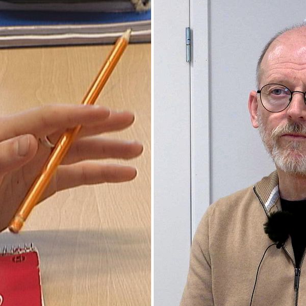 Bild på hand som håller penna mellan fingrarna och en bild på en man med brun tröja. Personen heter Bo Sundahl och jobbar på den fackliga organisationen Sveriges Lärare i Katrineholm. Han pratar om framtidsutsikterna för lärarna och skolan i Katrineholm när 50 anställda varslas.