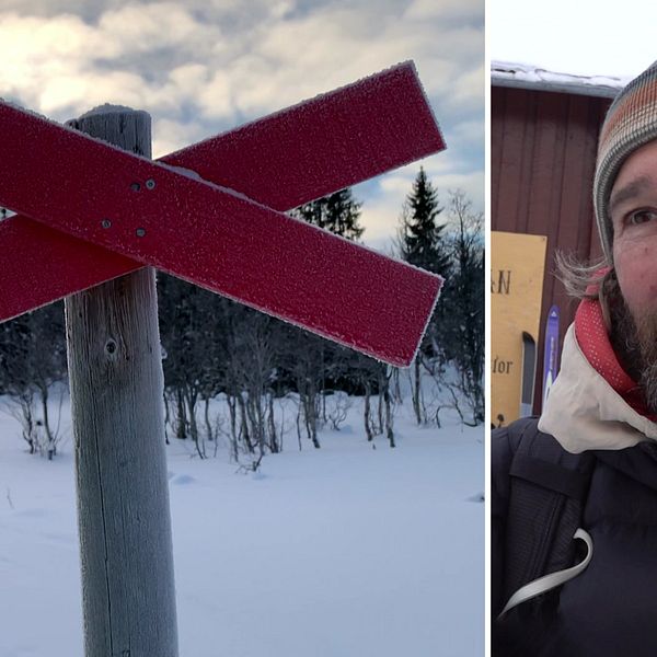 Två bilder, där den till vänster visar ett rött ledkryss i fjällmiljö vintertid. Till höger en man i helskägg och mössa.