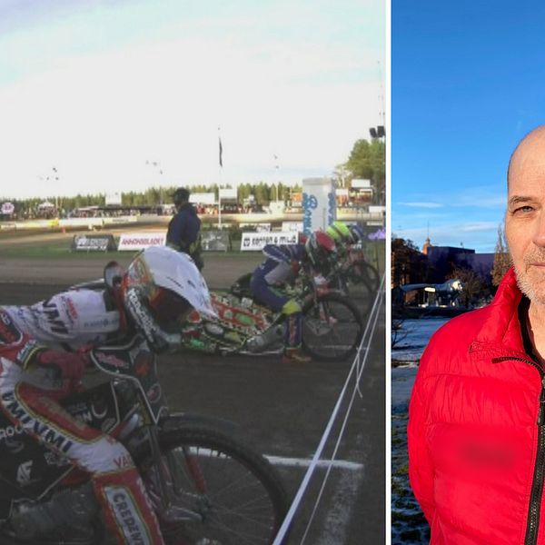 speedwayförare redo för start till vänster, porträttbild på Roger Hultman till höger.