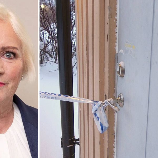 Barnombudsmannen Elisabeth Dahlin och en avspärrning från brottsplatsen där 8-åringen i Luleå hittades avliden.