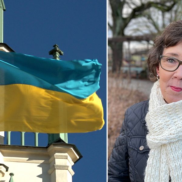 En bild på en ukrainsk flagga och flyktinguide Marie Magnusson.