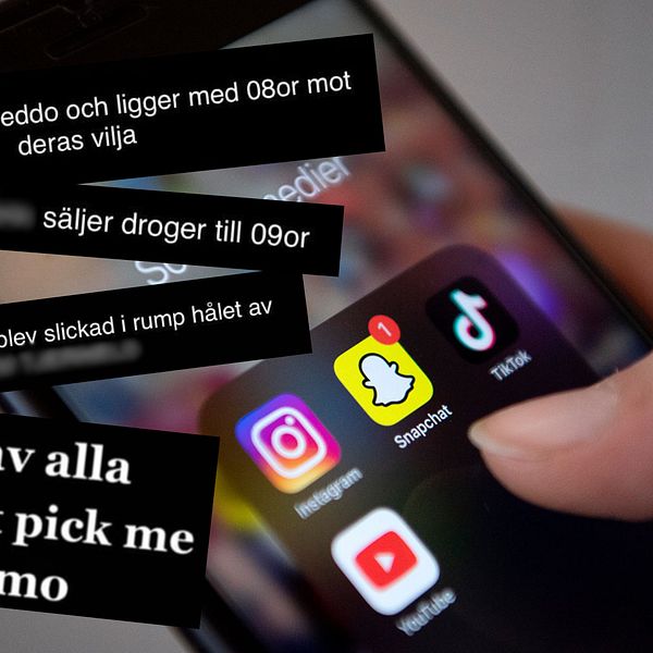I bakgrunden syns en mobiltelefon och en ung persons hand, i framgrunden har SVT klippt in taskiga saker som skrivits till ungdomar i Hälsingland på sociala medier.