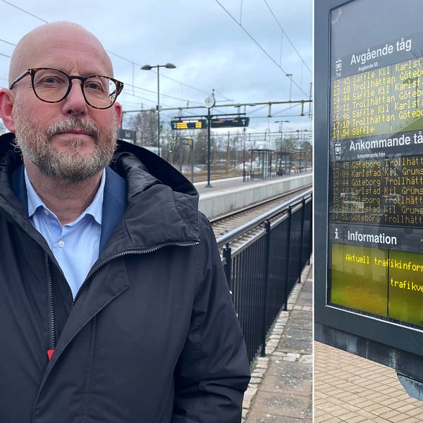 Åmåls kommundirektör Jan-Erik Samuelsson framför järnvägsspåren. En bild på en avgångstavla utan morgontåg.