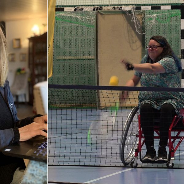 Två bilder. Till vänster: Ewa Anemyr som är konsulent på Parasport Småland sitter och jobbar framför datorn. Till höger: en rullstolsburen paraidrottare spelar tennis.