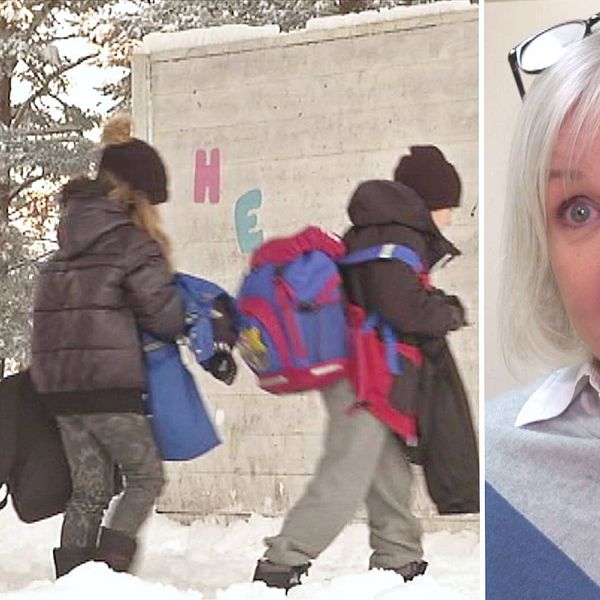 Eva Martinsson, förvaltningschef barn- och utbildning i Gällivare, samt några elever vid Hedskolan.