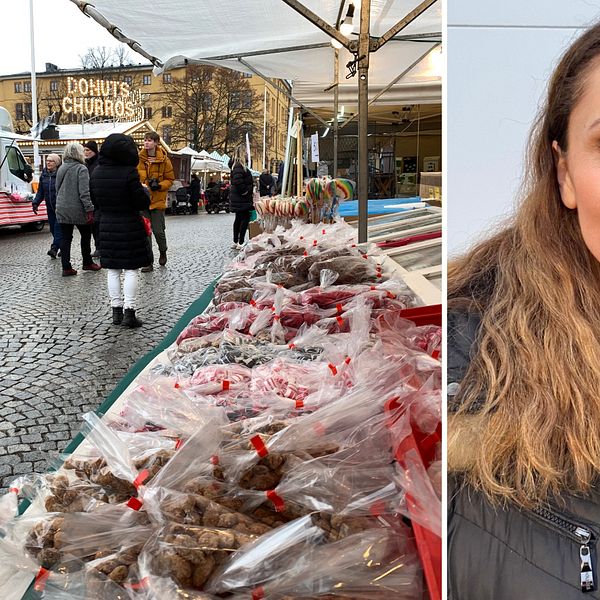 Vänster: marknadsstånd med godis i förgrunden från Hindersmässan år 2023 i  Örebro. Höger: Ajdina Ranica från Örebro kommun är ny arrangör och planerare för Hindersmässan.