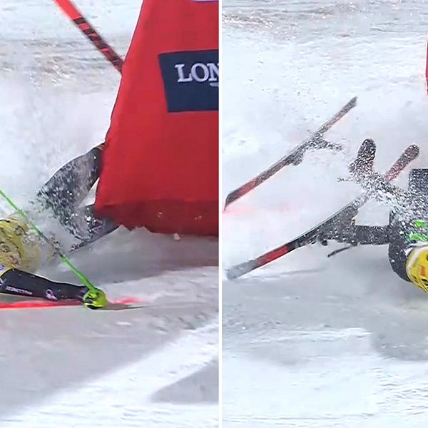 Italienaren Hannes Zingerle kraschade över mållinjen på en skida.