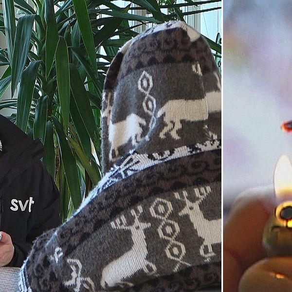 Splitbild: SVT:s reporter sitter mittemot en anonym person till vänster och till höger syns en spliff.