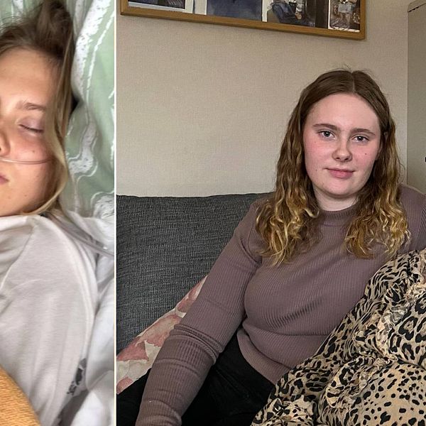 Bild i två delar: 14-åriga Olivia ligger med ögonen stängda i en sjukhussäng, och Olivia i dag med styvmamma Karolin Haag Kjell i en soffa.