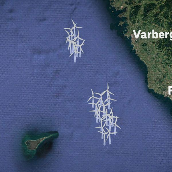 placeringen på en karta av den havsbaserade vindparken Galatea-Galene längs Hallandskusten.