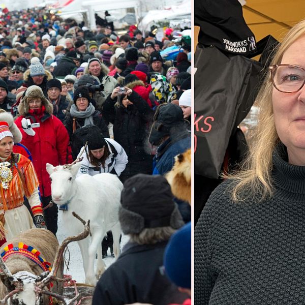 En stor folksamling med besökare till vänster. Till höger en glad Birgitta Nilsson när Jokkmokks marknad gör fysisk återkomst.