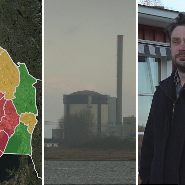 Bild i tre delar: En karta över Värmland med röda, gula och gröna markeringar för kommuner baserat på hur de ställer sig till kärnkraft, ett kärnkraftverk och Henrik Frykberger (M), kommunstyrelseordförande i Sunne.