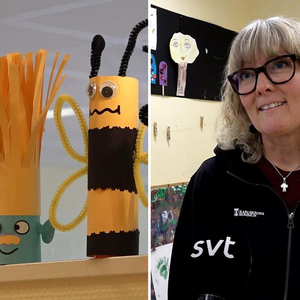 Till vänster i bild syns tre figurer gjorda av papp. Till höger syns en kvinna som befinner sig på en förskola. Hon heter Martina Ravnbö och är förskollärare.