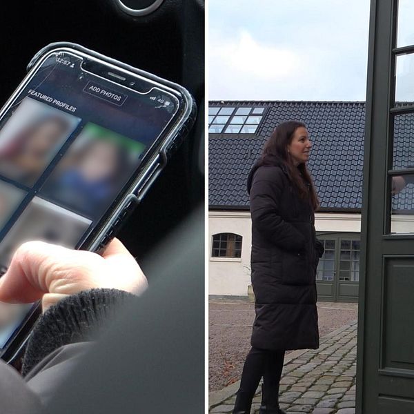 Mobiltelefon med blurrade bilder på en sugardejtning sajt. Delad bild med SVTs reporter Frida Björk som står utanför en dörr, bakom dörren står  Allan Pettersson som är Sugardaters vd.