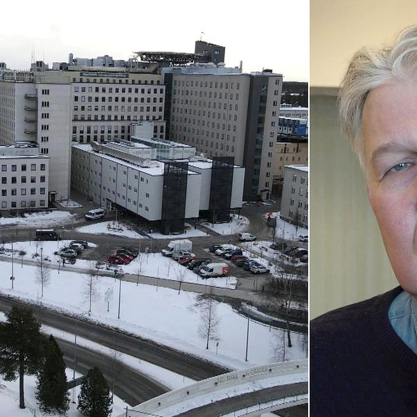 Kollage: Till vänster en översiktsbild av Norrlands universitetssjukhus i Umeå. Det ligger ett lätt snötäcke på marken och himlen är grå. Till höger Stig-Evert Thornberg som är verksamhetschef på rörelseorganens centrum vid Region Västerbotten. Han har kort grått hår och jeansskjorta som sticker fram ovanför en mörk stickad tröja.