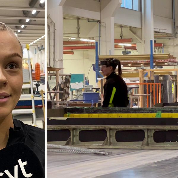 Till vänster: Porträttbild på betongarbetaren Molly Blomberg i Attacus fabrik i Hammerdal. Till höger: Bild på flera i personalen medan de arbetar i Attacus betongfabrik.