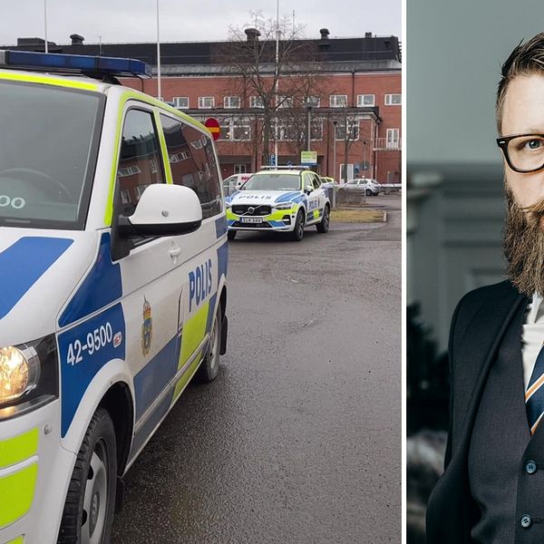 Till vänster: Polisbilar utanför Vrinnevisjukhus i Norrköping efter fritagandet av en 20-årig man. Till höger: 20-åringens senaste advokat Daniel Roos.