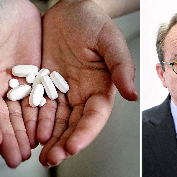 Två händer som håller i piller och Björn Eriksson, generaldirektör för svenska Läkemedelsverket.