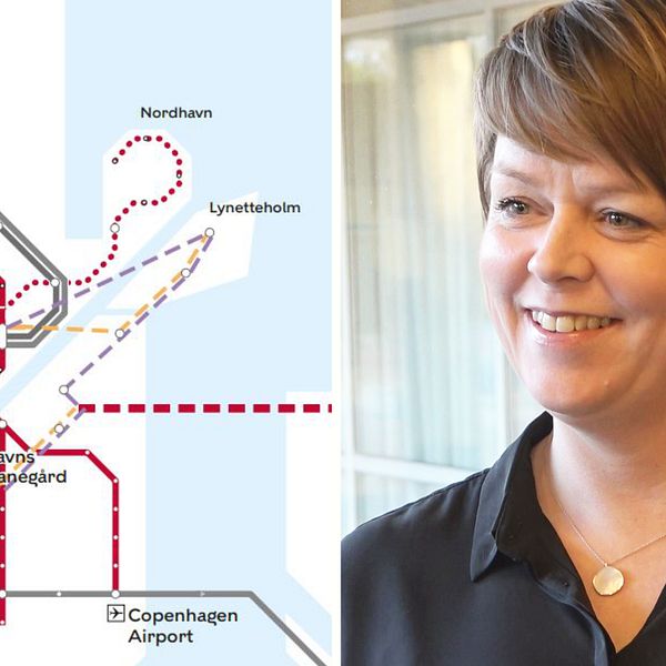 Karta på Köpenhamn som visar dragningen över tunnelbanelinjen M5. Till höger syns Katrin Stjernfeldt Jammeh (S).