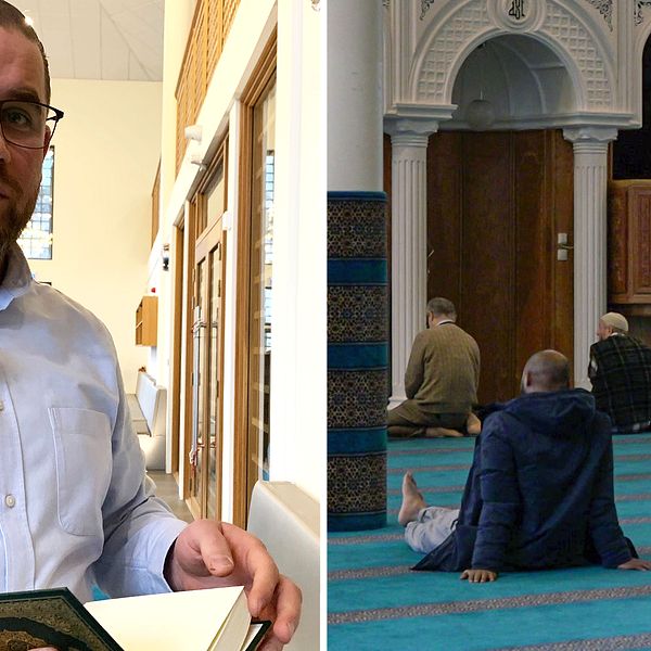 En man i skjorta bläddrar i en koran. Mannen är Göteborgs moskés vd Faraj Semmo. delad bild med ett bönerum från en moské. Några människor sitter på golvet.