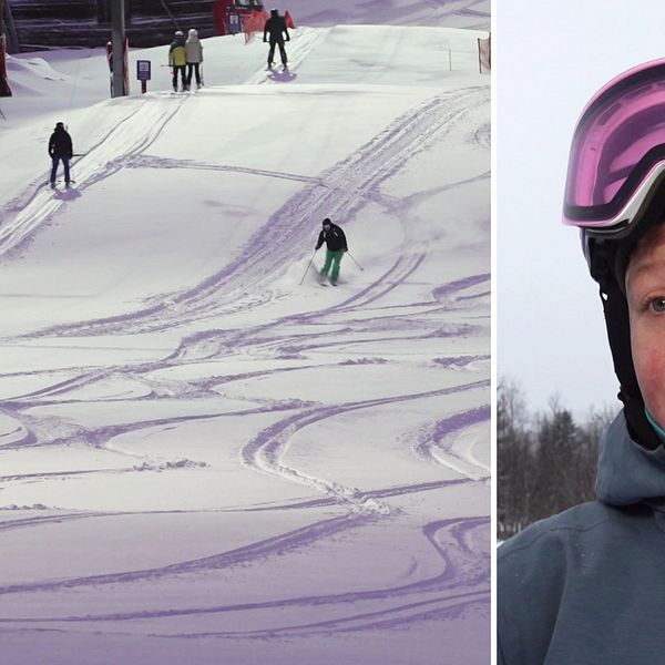 Till vänster: Skidåkare i slalombacke i Åre. Till höger: Skidåkaren Mia Zachrisson, en ung kvinna med vit hjälm och lila slalomglasögon, ser allvarlig ut när hon kommenterar att det blivit dyrare att åka skidor i Åre.