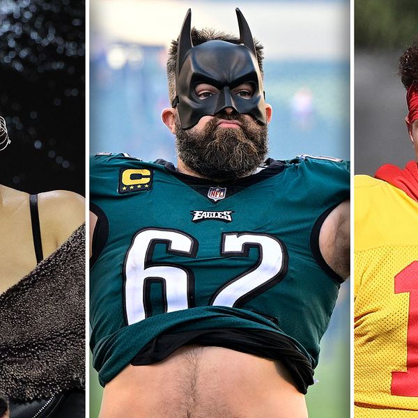 Tre av huvudpersonerna på årets Super Bowl. Från vänster: Artisten Rihanna, Philadelphias Jason Kelce samt Kansas Citys quarterback Patrick Mahomes.