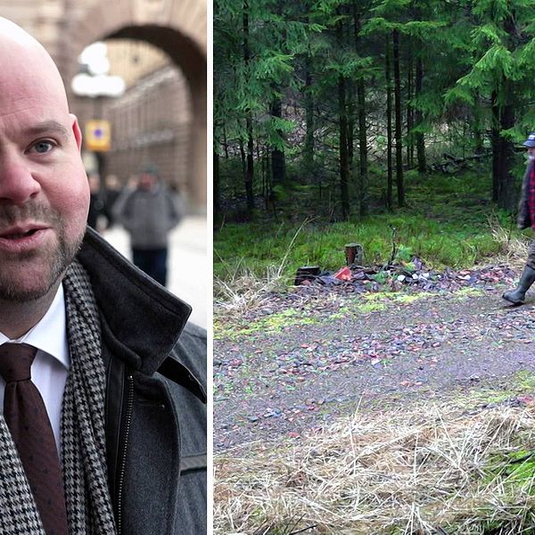 Landsbygdsministern Peter Kullgren (KD) utanför tiskdagshuset och en jägare i skogen