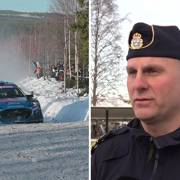 Ett kollage med en rallybil och polisområdechefen.