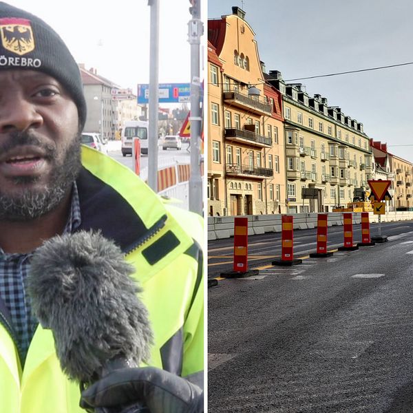 Tvådelad bild: Projektledaren Philip Kabunga och Rudbecksgatan i Örebro, som är avstängd för vägarbete.